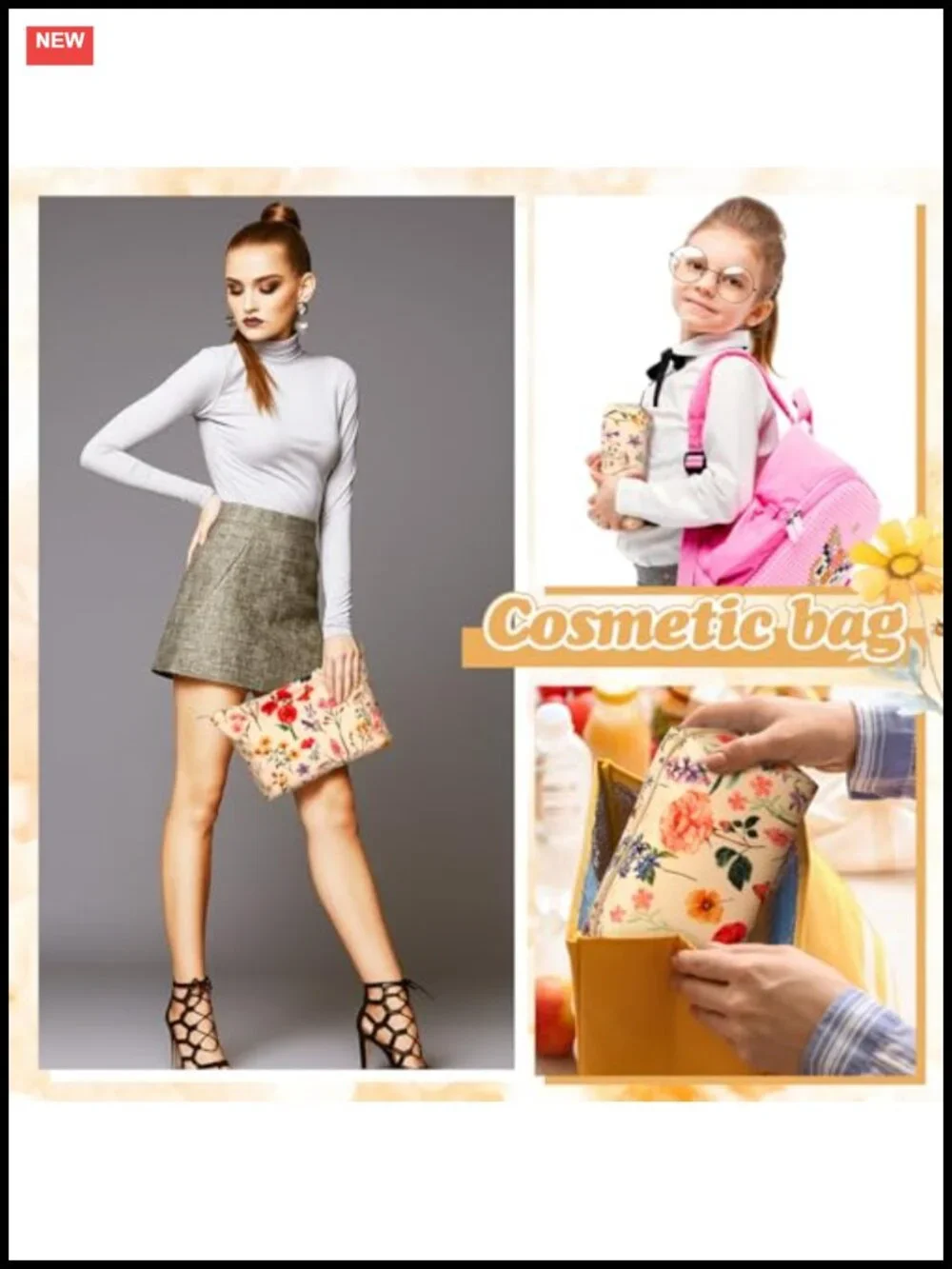 3 Piece Corduroy Floral Makeup Bag Set with Zipper for Travel or Storage